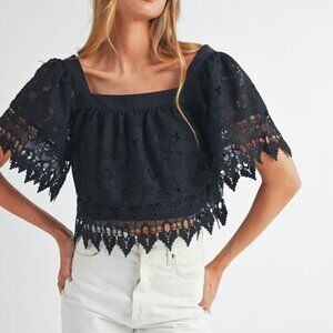 MABLE Square Neck Crochet Lace Top With Double Bow Tie- NEW WITH TAGS!